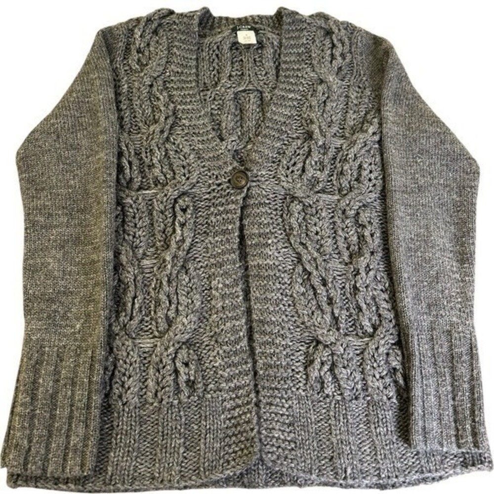 J.CREW 2010 HandKnit Chunky Cable Knit Wool Blend Cardigan Sweater Wom‎ Med Gray